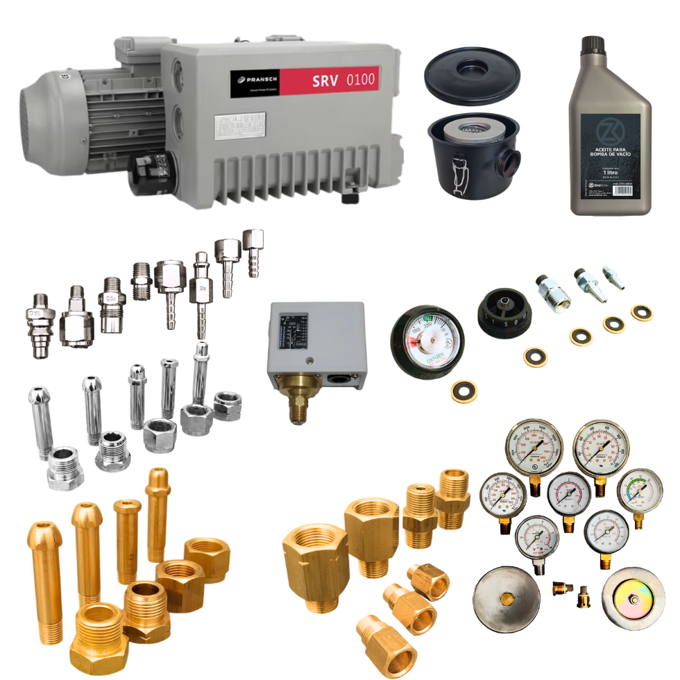 Accesorios y repuestos para reguladores, niples CGA, tuercas CGA, manometros para reguladores, bombas de vacio, aceite para bomba de vacio